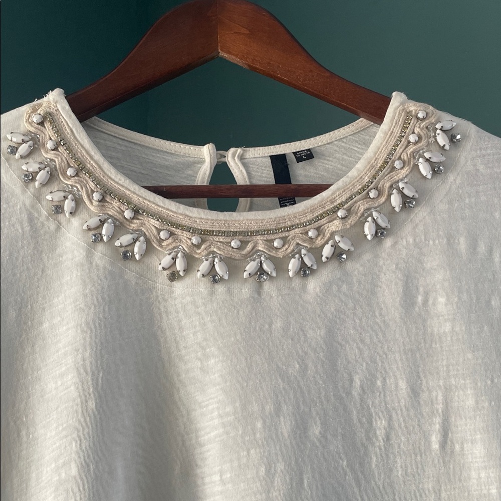 MIK Ivory Beaded Neckline Short Sleeve Top